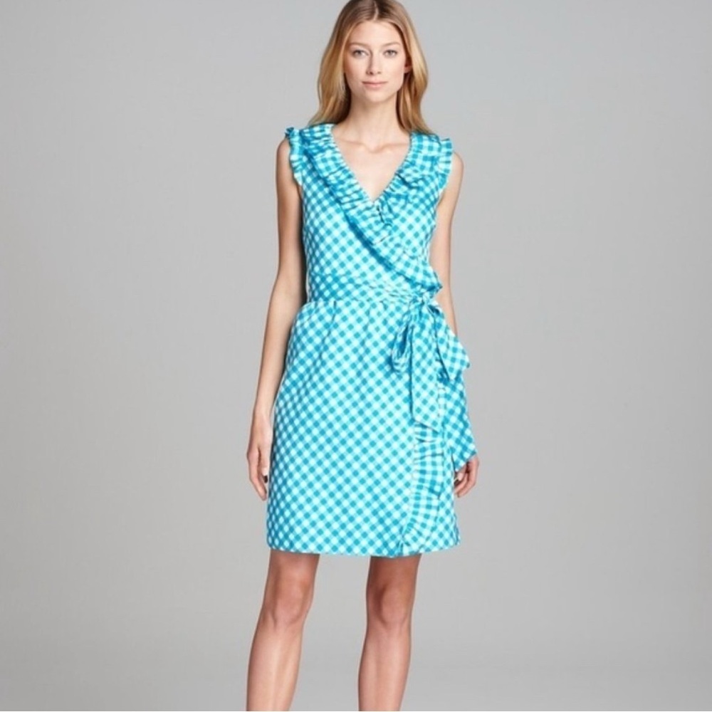 Kate Spade Blue Gingham Ruffle Tie Waist Lined Silk Designer Slimming Dress Sz 4